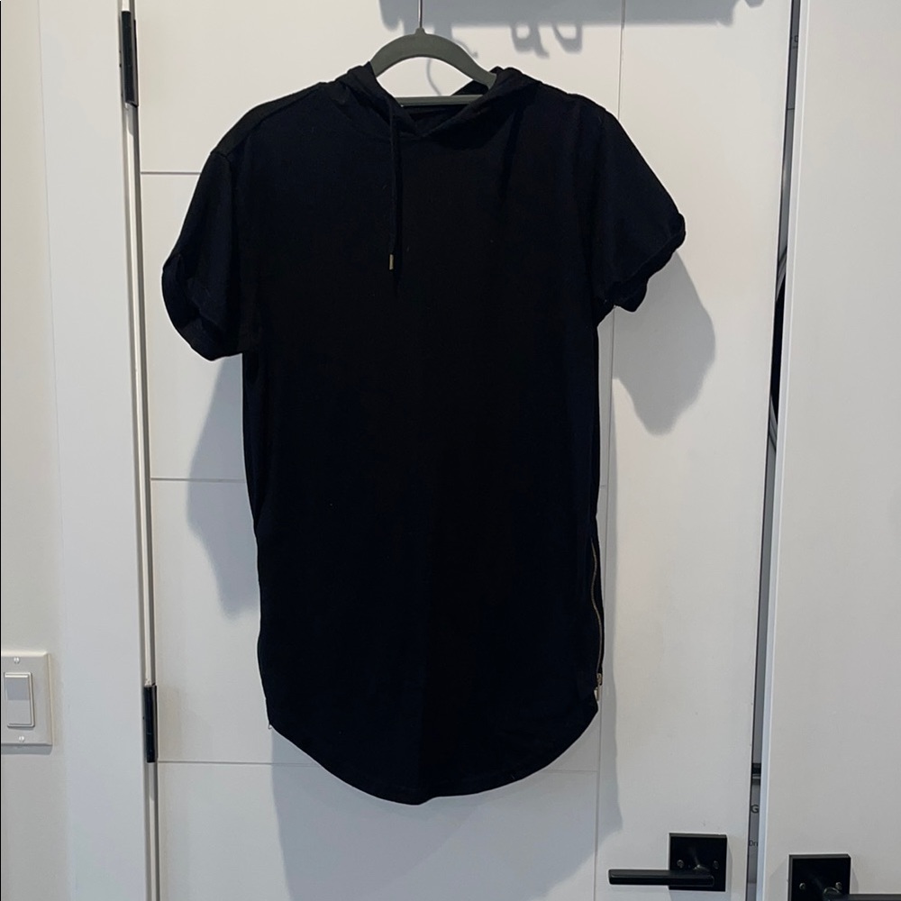 Men's Black Short Sleeve Hoodie With Gold Zippers